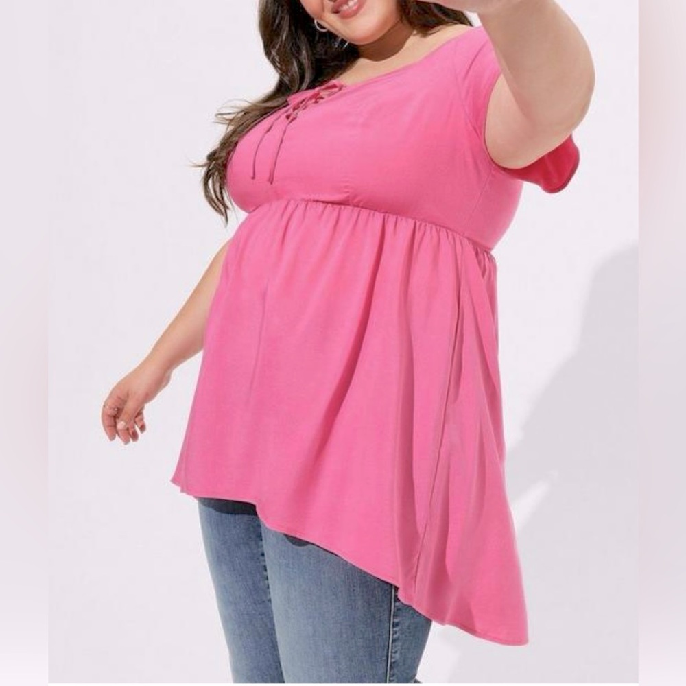 Torrid Babydoll Challis Lace Up Hi  Low Top in Hot Pink